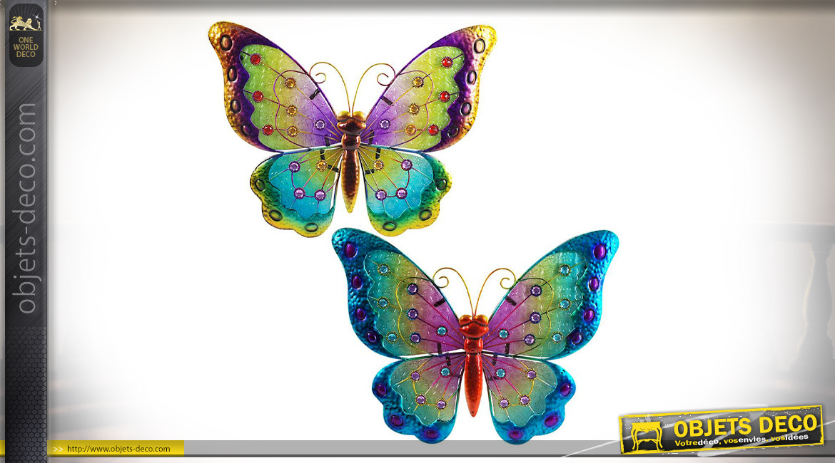 Série de 2 papillons muraux en métal et verre teinté, couleurs vives et pétillantes, 42cm