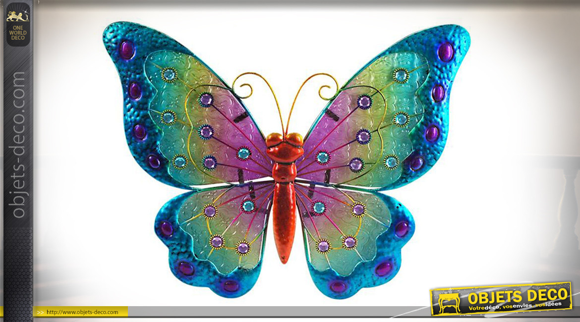 Série de 2 papillons muraux en métal et verre teinté, couleurs vives et pétillantes, 42cm