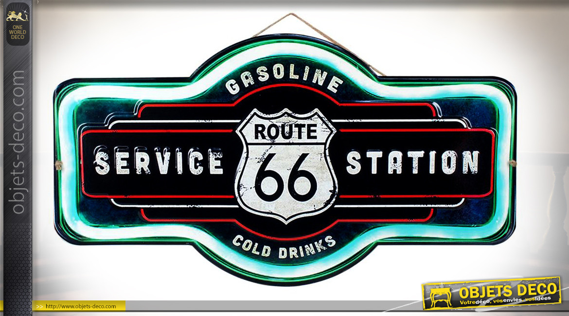 Plaque en métal à suspendre, effet néon de station service Route 66, ambiance vintage USA, 58cm