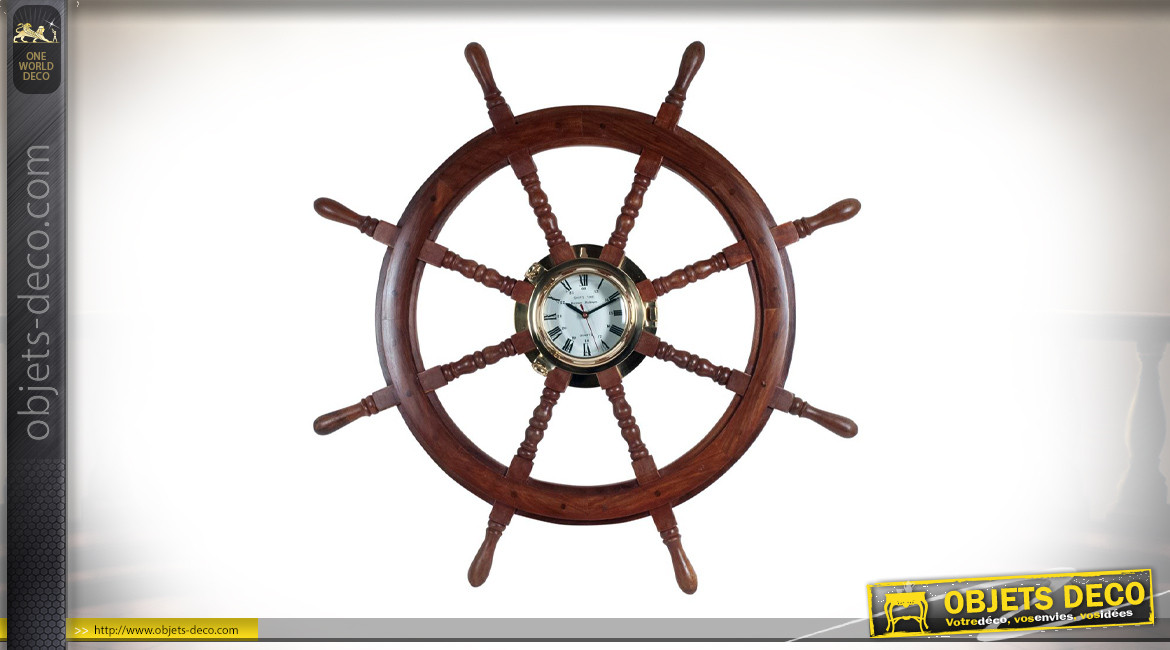 Grande roue de bateau en bois et laiton doré, horloge centrale, ambiance authentique, Ø92cm