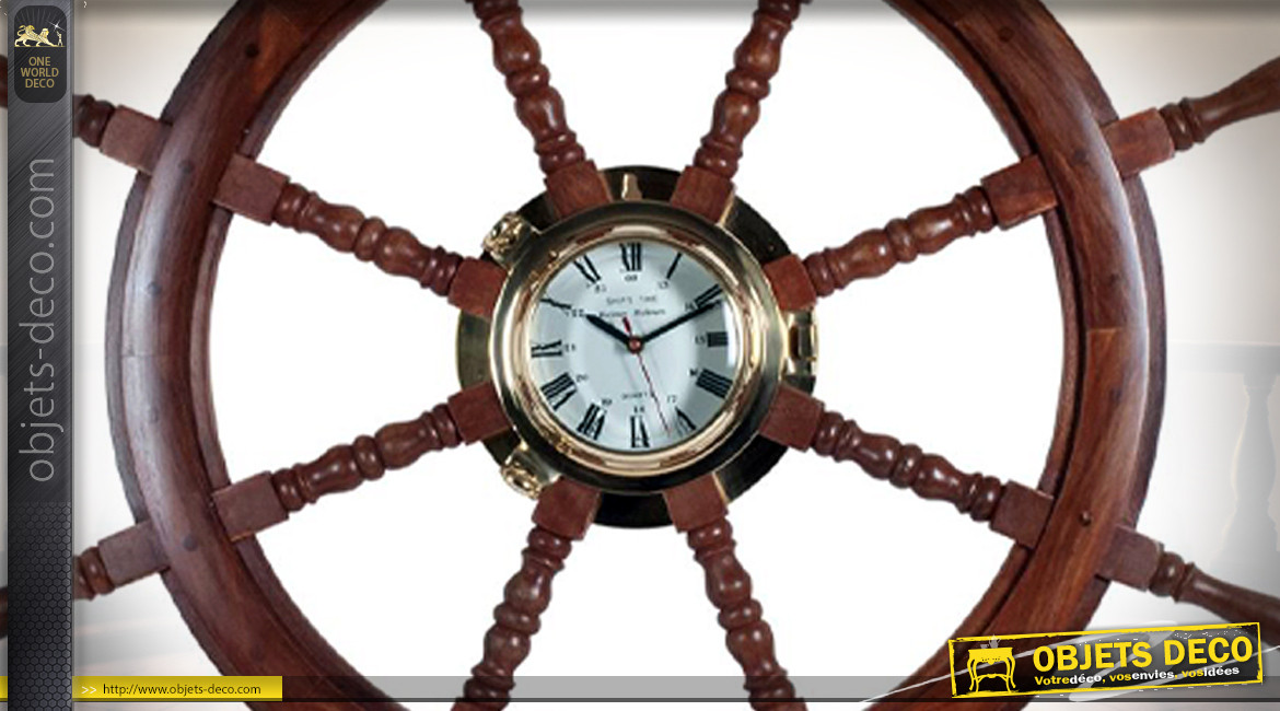 Grande roue de bateau en bois et laiton doré, horloge centrale, ambiance authentique, Ø92cm