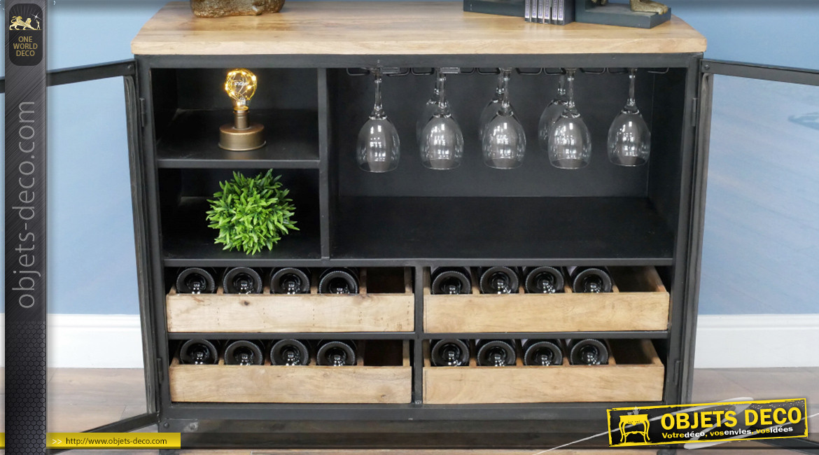 Meuble bar en manguier et métal noir charbon, rangement pour verres et tiroirs à bouteilles, 100cm