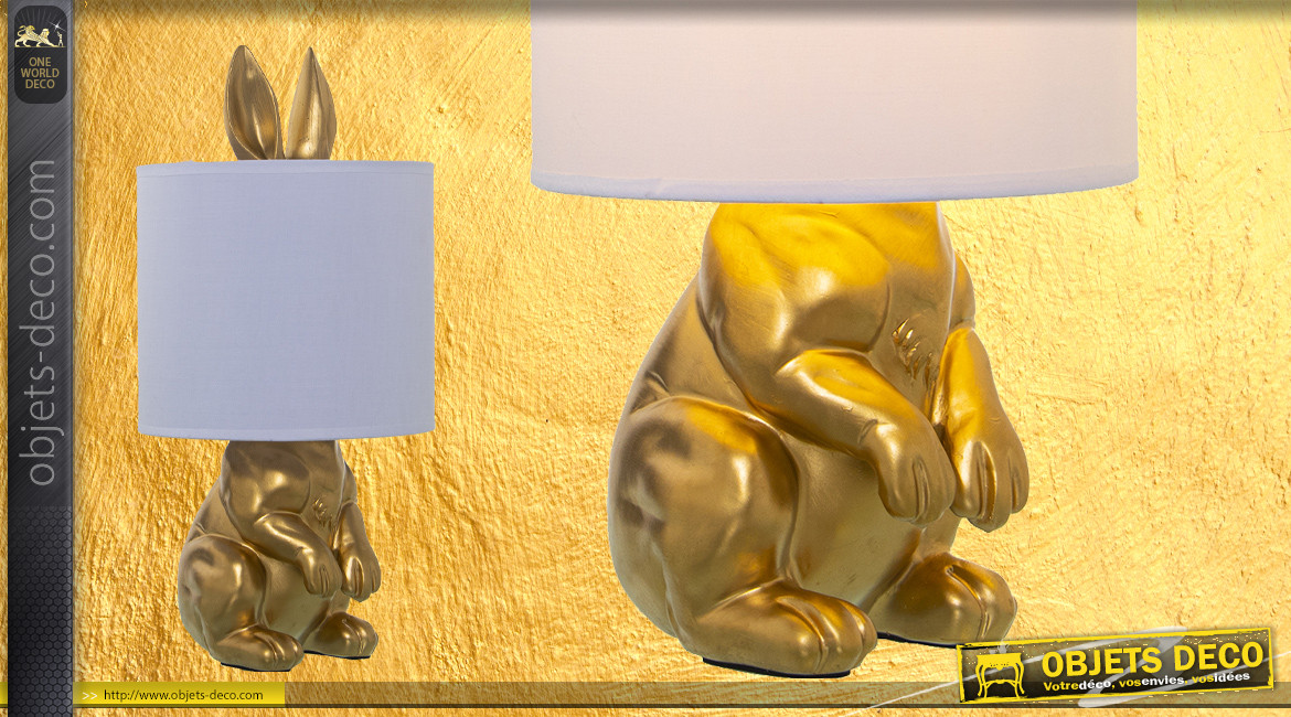 Lampe originale en forme de lapin, en résine doré effet ancien, abat jour blanc coton, 43cm