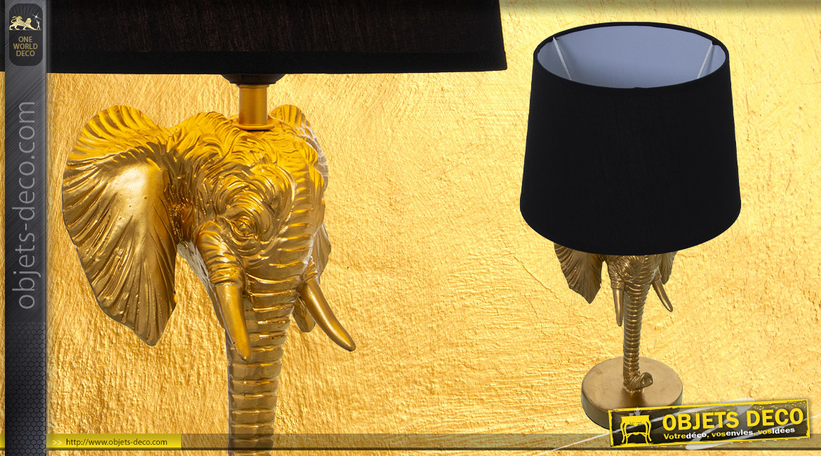 Lampe de salon avec sculpture d'éléphant dans la base, finition noir et or, ambiance chic, 43cm
