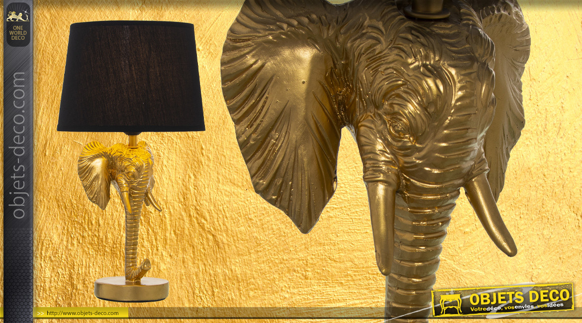 Lampe de salon avec sculpture d'éléphant dans la base, finition noir et or, ambiance chic, 43cm