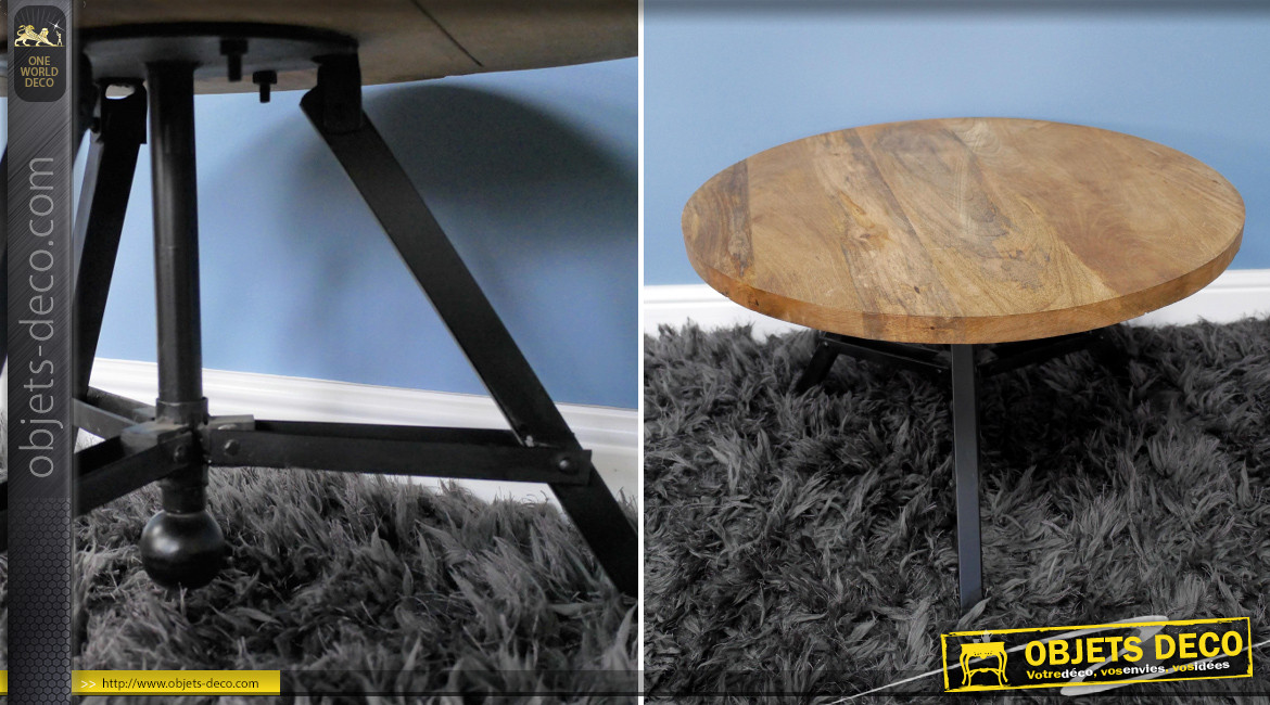 Table basse ronde en bois de manguier massif et acier noir charbon, ambiance moderne linéaire, Ø62cm