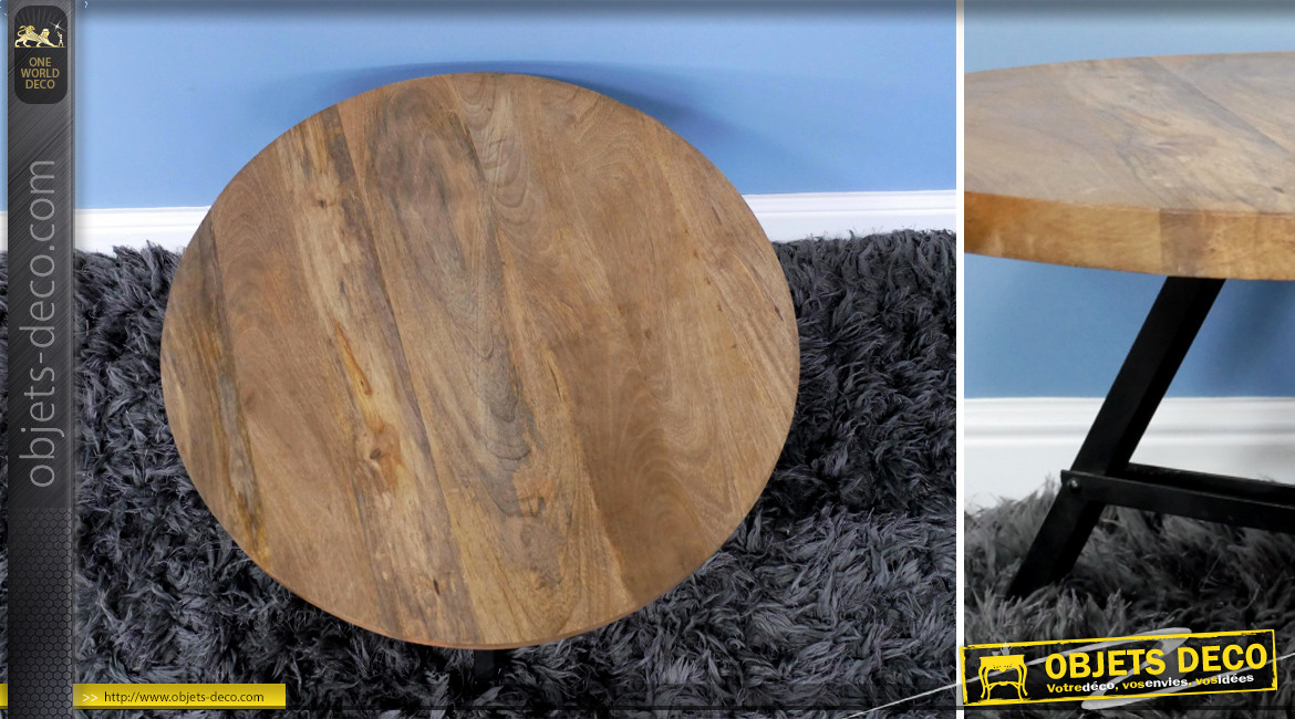 Table basse ronde en bois de manguier massif et acier noir charbon, ambiance moderne linéaire, Ø62cm