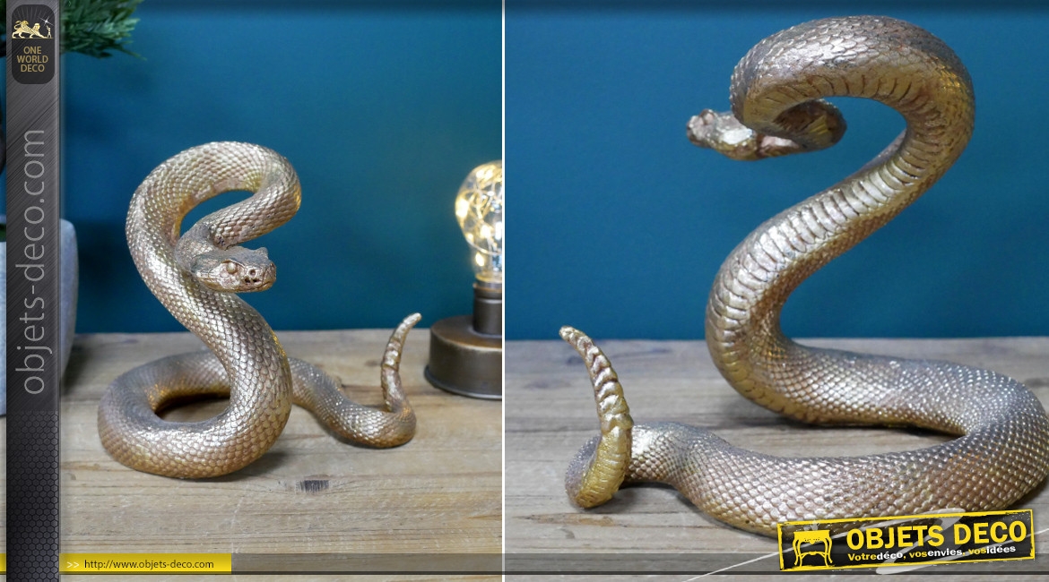 Sculpture en résine d'un serpent, finition doré effet ancien avec reflets sur les écailles, 18cm