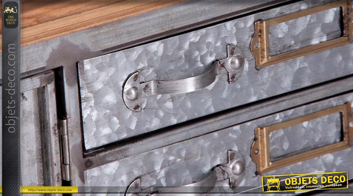 Meuble de rangement multi tiroirs en sapin et métal, ambiance indus atelier, 105cm