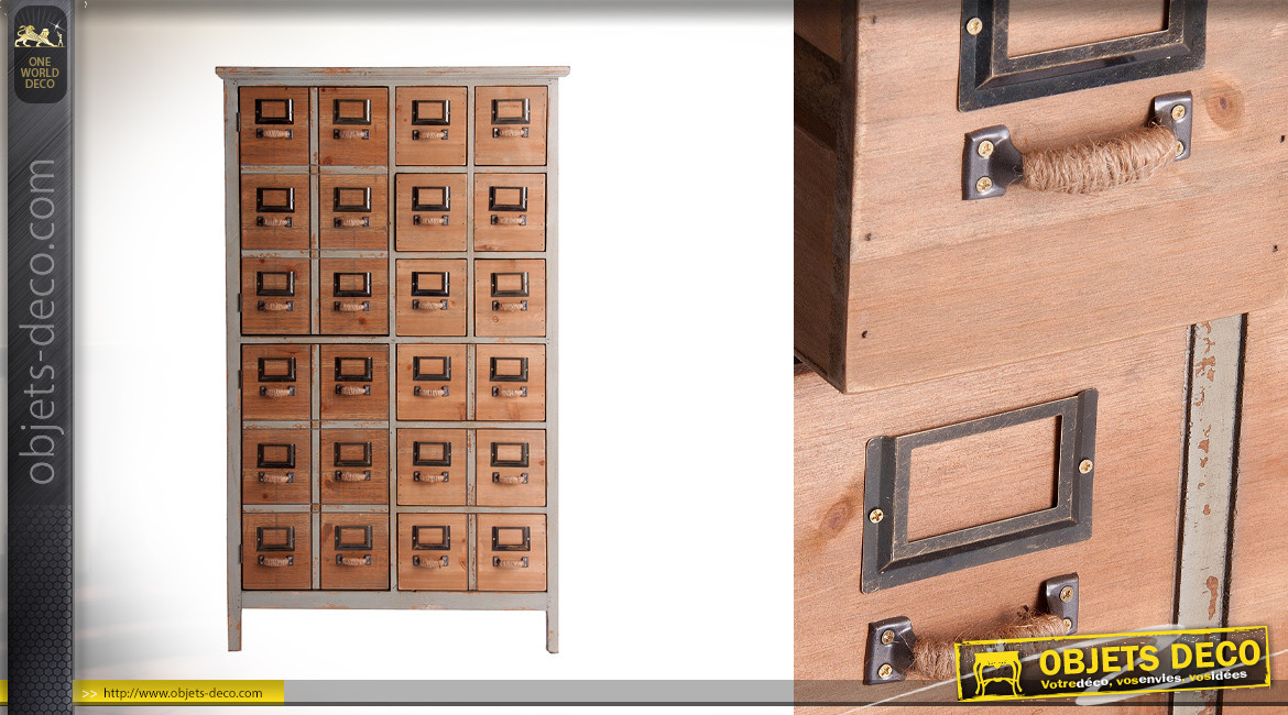 Meuble de rangement en bois de sapin, effet multi tiroirs en façade avec portes-étiquettes, 120cm