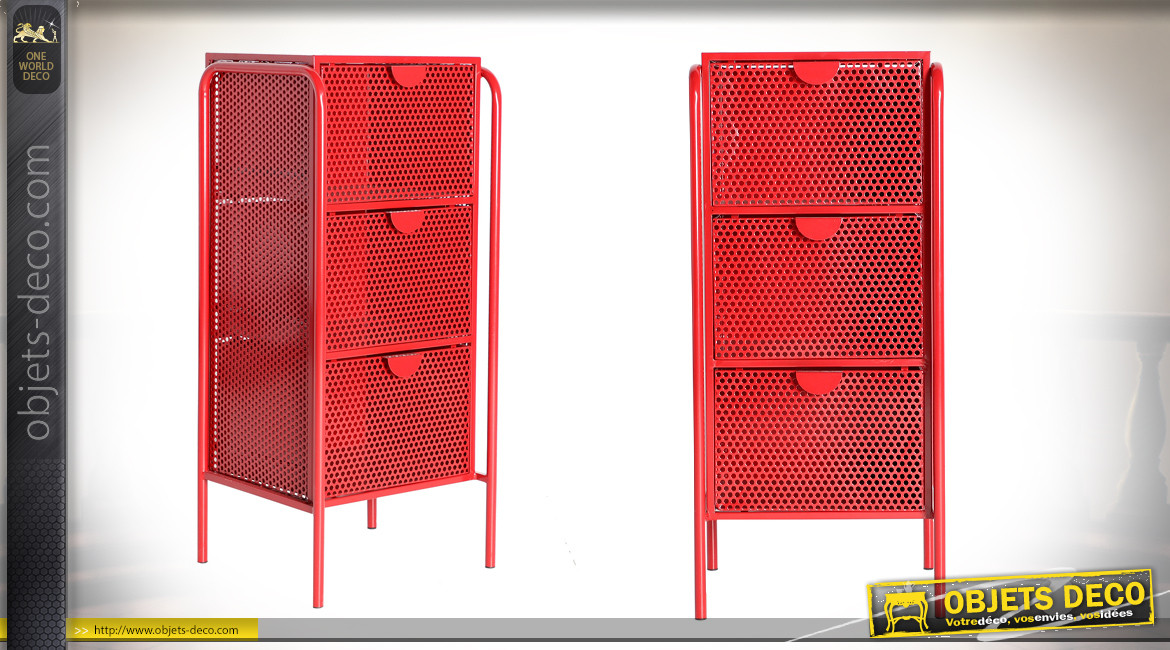 Meuble de rangement à 3 tiroirs, en acier perforé finition rouge industriel, 91cm