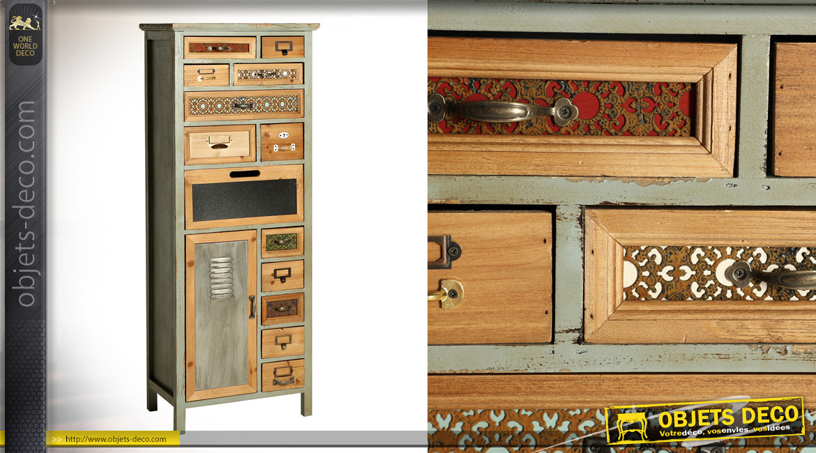 Meuble multi tiroirs en bois de sapin, ambiance vintage usé, 13 tiroirs et 1 porte, 127cm