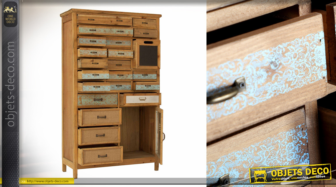 Meuble de rangement en bois à 22 tiroirs, touches de métal et de toiles, ambiance vintage, 130cm