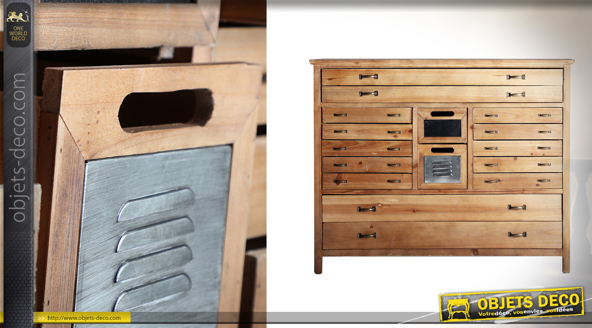 Commode d'appoint en bois de sapin à 16 tiroirs, finition naturel brut, ambiance rustico vintage, 105cm
