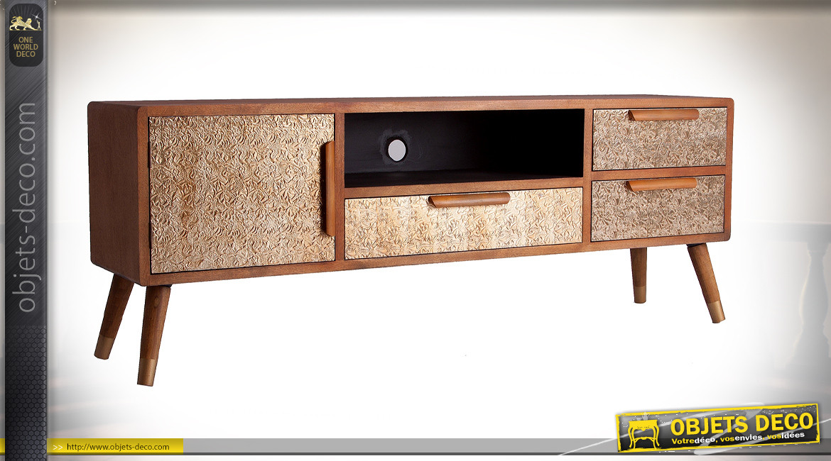 Meuble TV en bois de style rétro, placage en aluminium texturé finition doré, 150cm