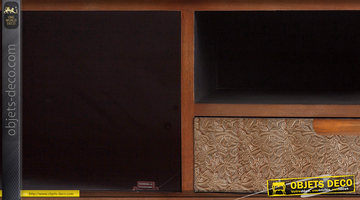Meuble TV en bois de style rétro, placage en aluminium texturé finition doré, 150cm