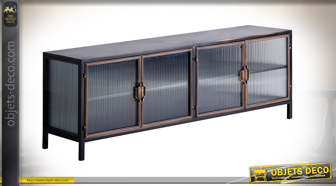 Grand meuble TV en métal et verre style ancien atelier, finition charbon vieilli, 4 portes, 160cm