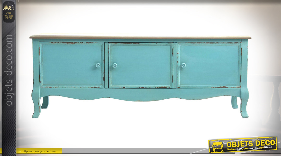 Meuble TV en bois finition turquoise vieilli, ambiance maison de la mer oubliée, pieds galbés, 135cm