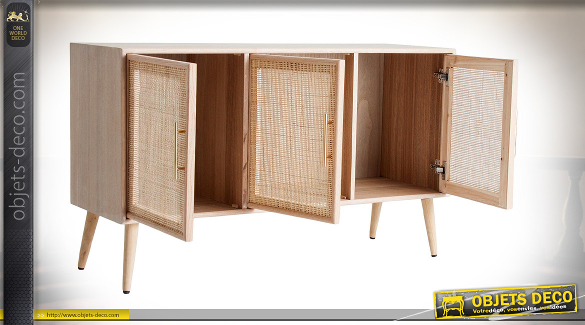 Buffet en bois à 3 portes de style scandinave, habillage effet jute, finition clair, 120cm
