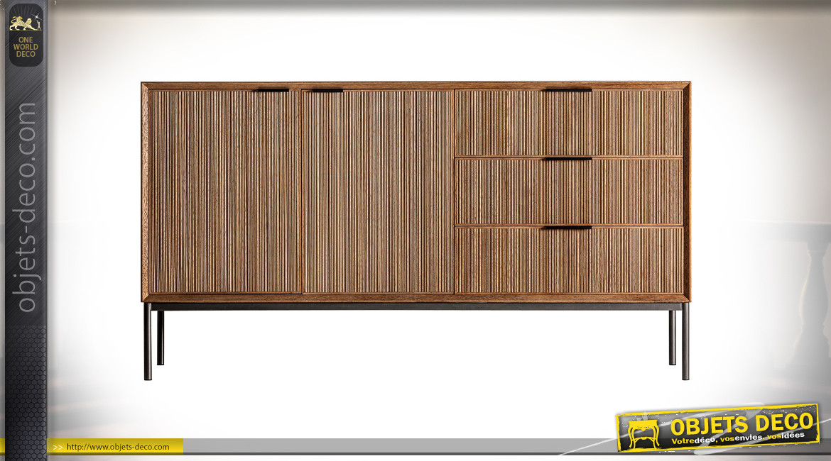 Buffet en bois de sapin style rétro années 70, façade effet gaufré finition miel, 144cm
