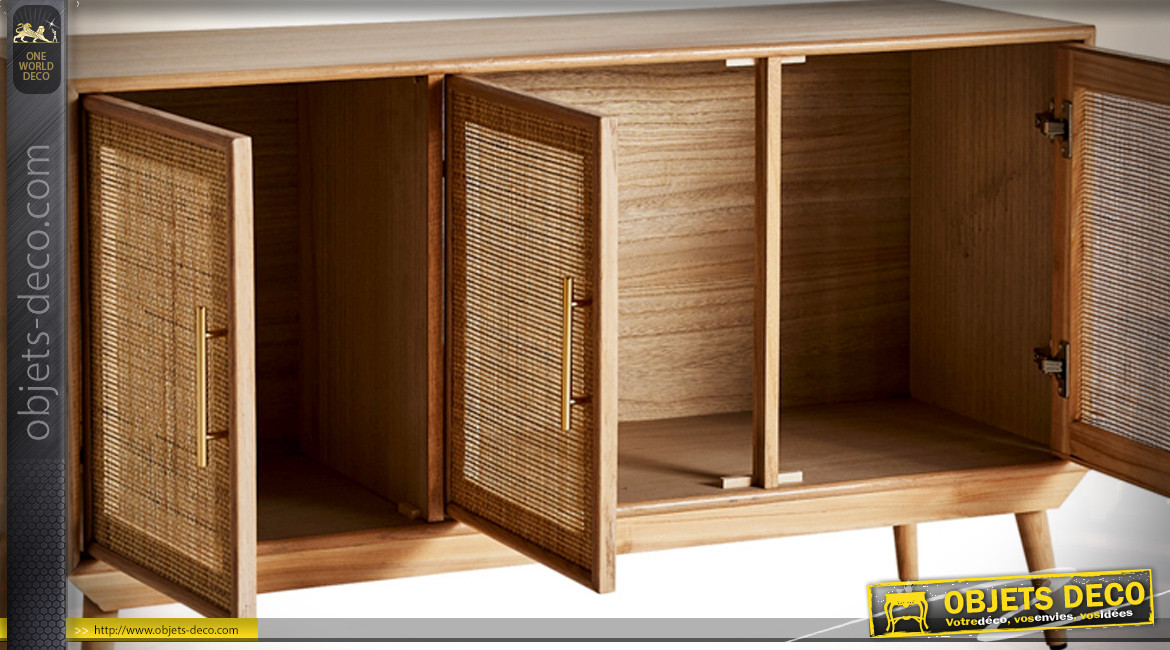 Buffet en bois de pin et jute de style scandinave, 3 portes, finition clair chaleureuse, 120cm