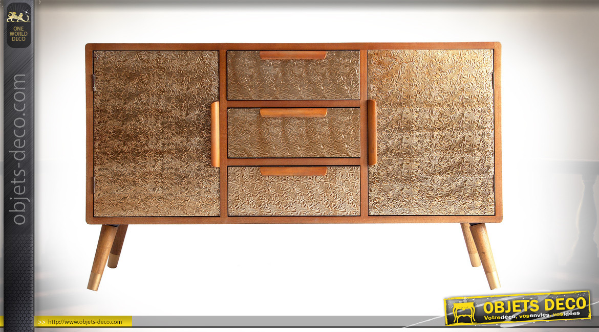 Buffet en bois et aluminium doré de style romantico oriental, 2 portes et 3 tiroirs, 125cm
