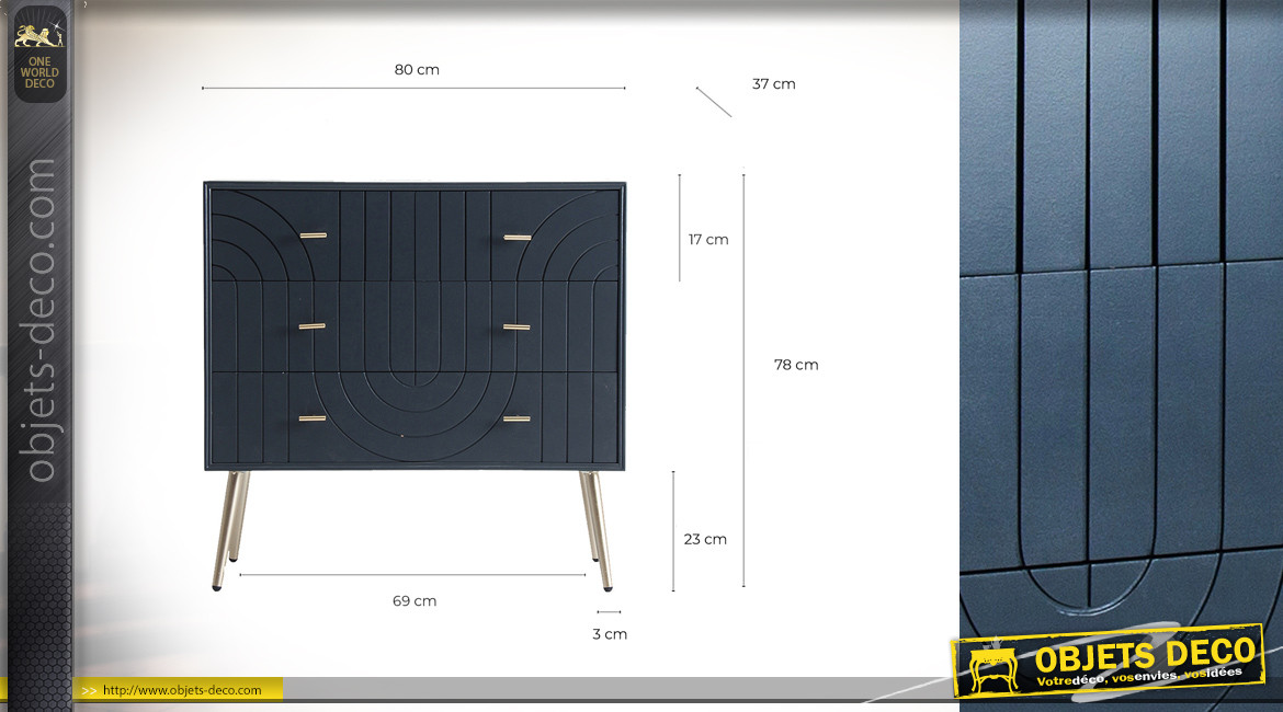 Commode à 4 tiroirs en bois de pin finition bleu pétrole, style et motifs Art Déco, 80cm