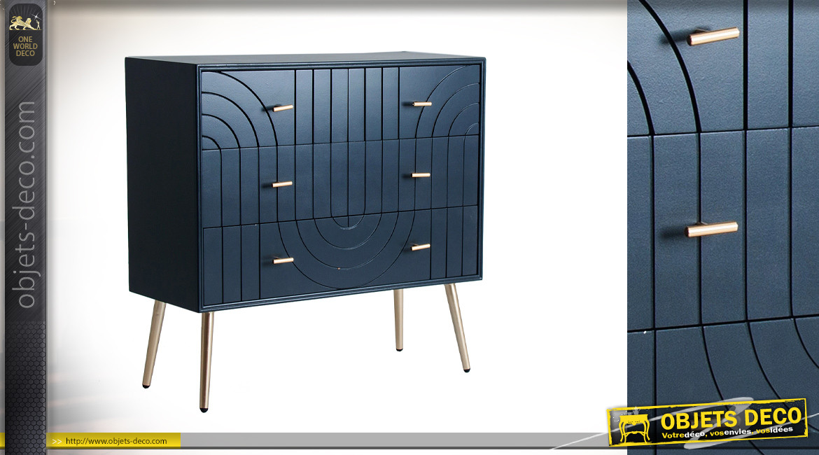 Commode à 4 tiroirs en bois de pin finition bleu pétrole, style et motifs Art Déco, 80cm