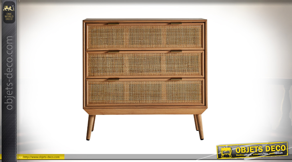 Commode à 3 tiroirs en bois de pin et cannage finition naturel, style rétro scandinave, 80cm