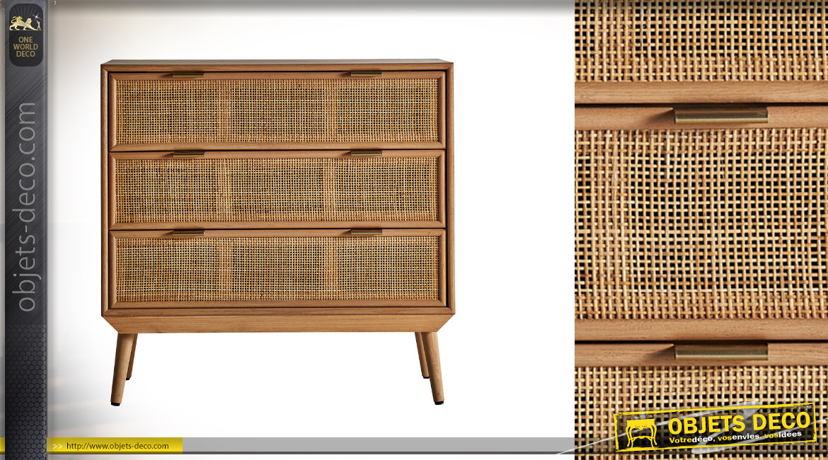 Commode à 3 tiroirs en bois de pin et cannage finition naturel, style rétro scandinave, 80cm