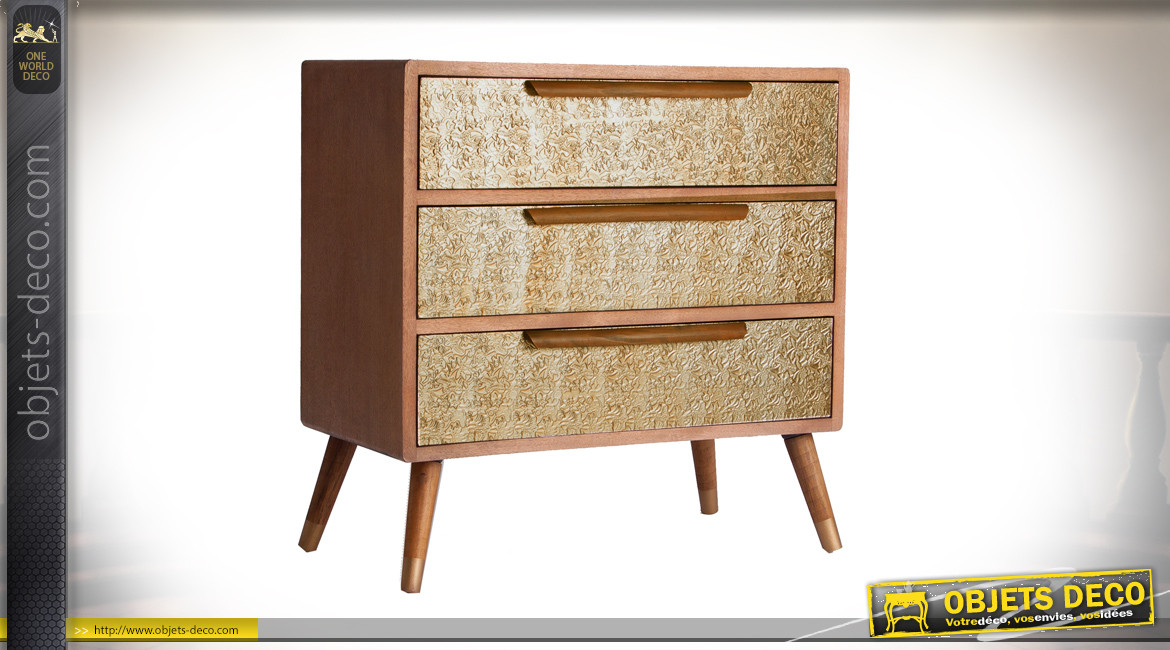 Commode à 3 tiroirs en bois avec facades plaquées en alu doré, ambiance rétro chic, 80cm