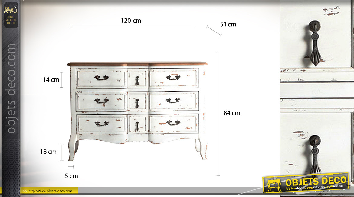 Commode à 9 tiroirs en bois finition blanc vieilli, style classico chic, 120cm