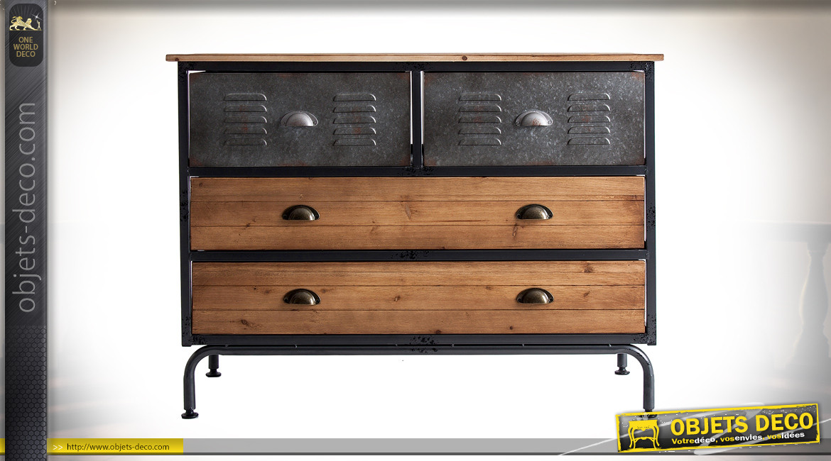 Commode en bois de sapin et métal effet tôle de style indus atelier, 4 tiroirs, 106cm