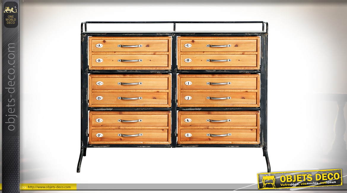 Commode à 6 tiroirs en métal charbon vieilli et bois de sapin brut, ambiance indus atelier, 104cm