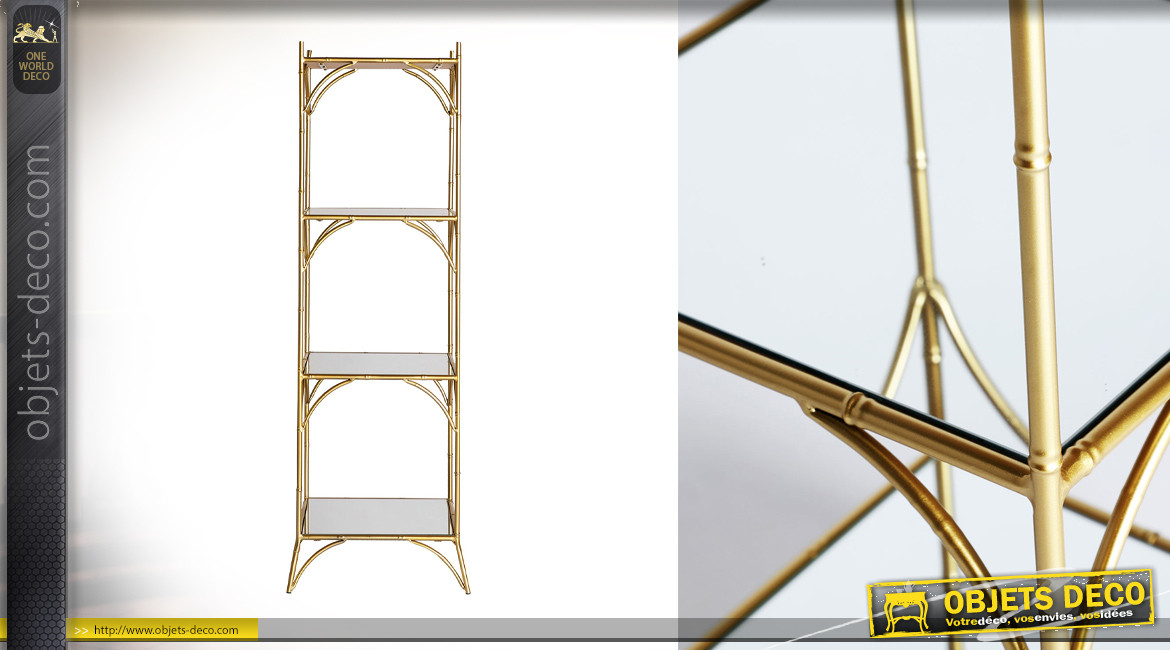 Etagère colonne en métal doré et plateaux miroirs, ambiance rétro chic, 138cm