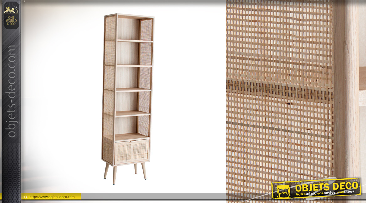 Meuble colonne en bois à 5 étagères avec tiroir habillé de toile, ambiance scandinave, 179cm
