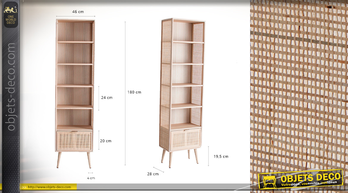 Meuble colonne en bois à 5 étagères avec tiroir habillé de toile, ambiance scandinave, 179cm