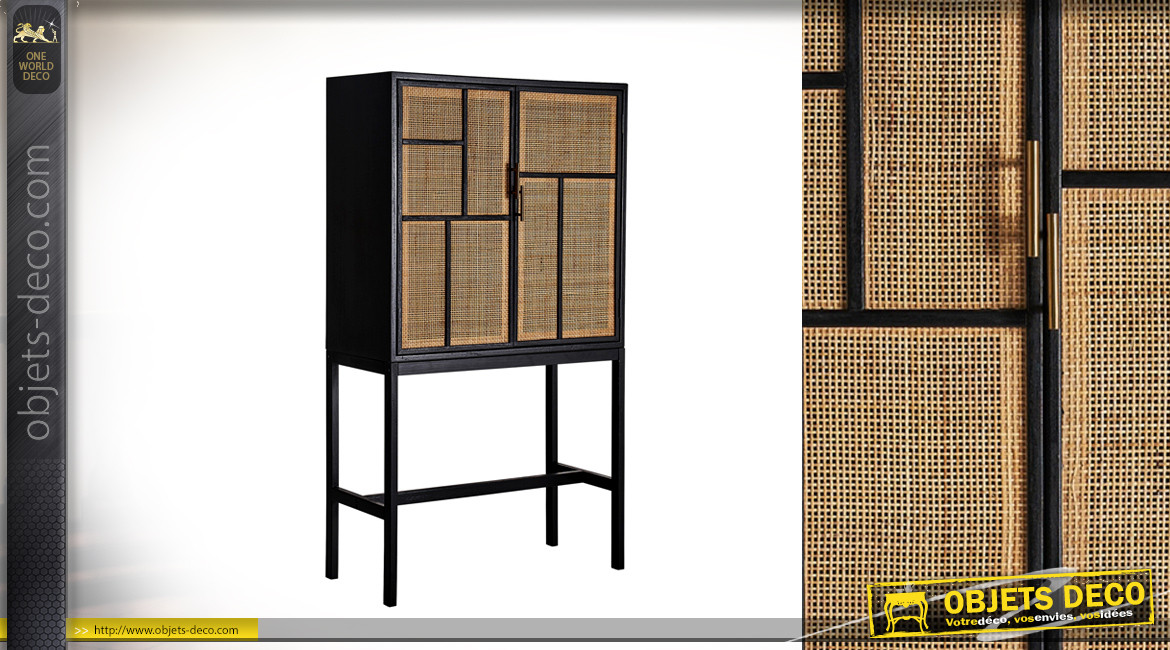 Meuble armoire en bois de pin à deux portes style rétro scandinave, finition noir et or, 144cm