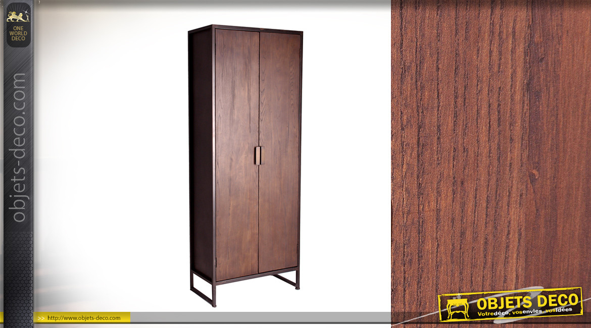 Armoire haute en bois finition wengé effet ciré, 2 portes et 2 étagères, ambiance rétro classique, 181cm