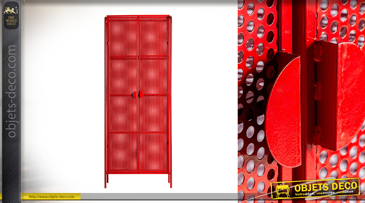 Armoire en métal perforé finition rouge industriel, 2 portes et 4 étagères, 180cm