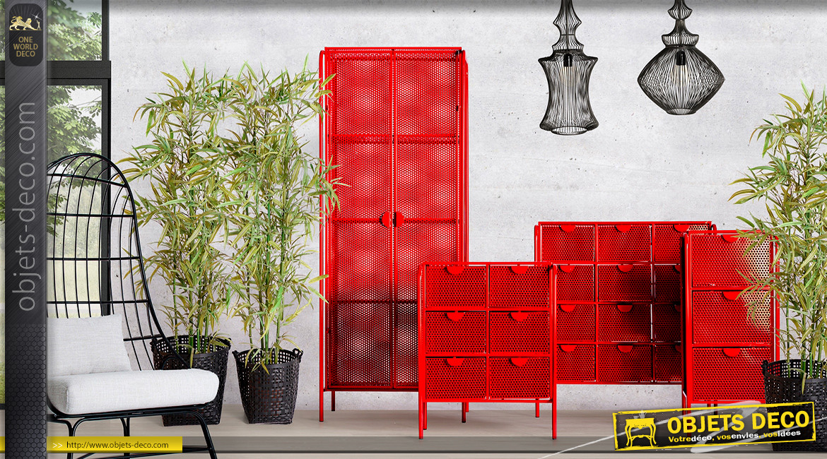 Armoire en métal perforé finition rouge industriel, 2 portes et 4 étagères, 180cm