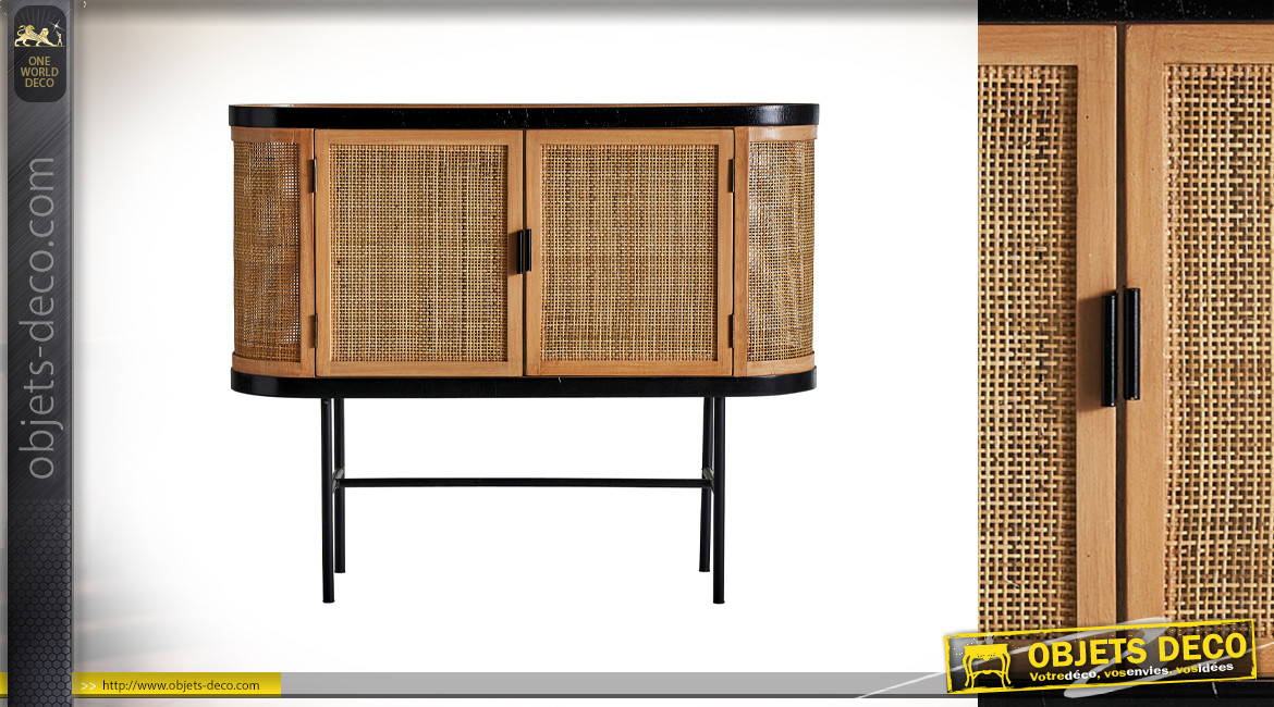 Console en bois de pin à 2 portes de style rétro scandinave, finition naturel et noir charbon, 101cm