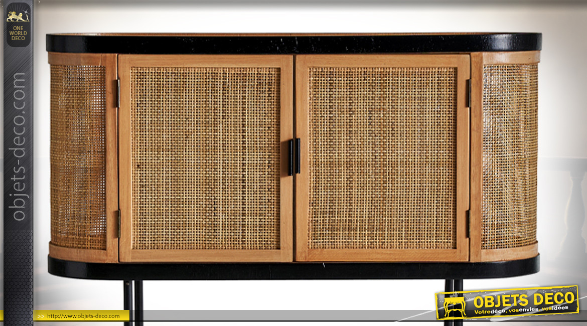 Console en bois de pin à 2 portes de style rétro scandinave, finition naturel et noir charbon, 101cm