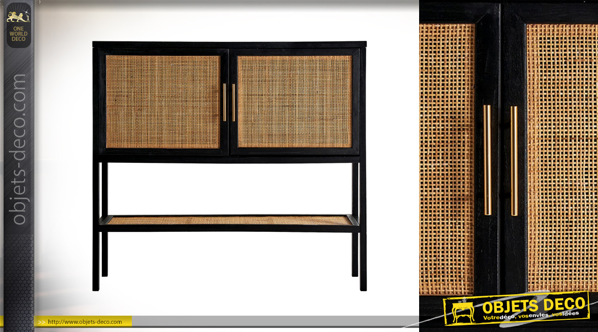 Console en bois de pin à 2 portes et 1 étagère, finition charbon noir vieilli et portes habillées en jute, 110cm