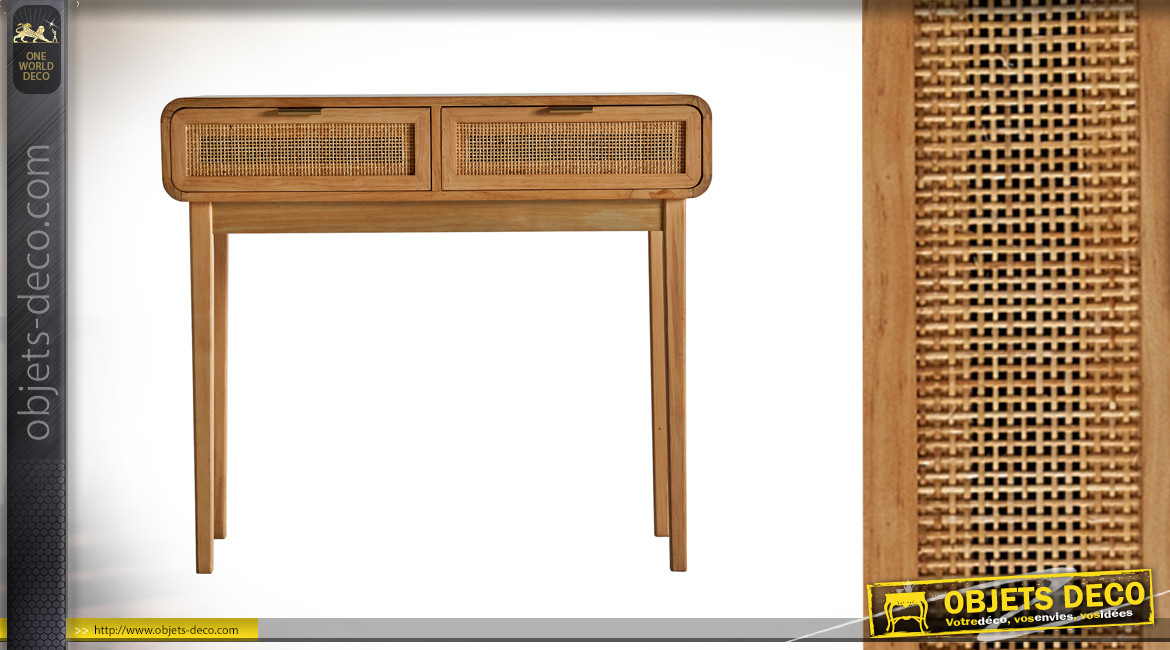 Console d'appoint en bois de pin et 2 tiroirs habillés jute, ambiance scandinave finition clair, 90cm