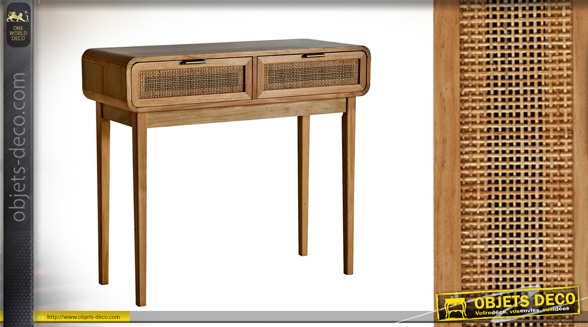 Console d'appoint en bois de pin et 2 tiroirs habillés jute, ambiance scandinave finition clair, 90cm