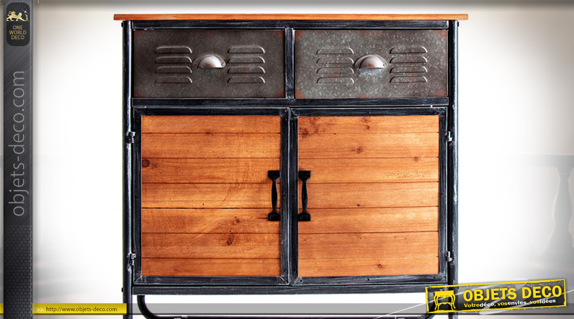 Console en bois de cèdre et métal vieilli, ambiance atelier indus, 2 portes et 2 tiroirs, 87cm