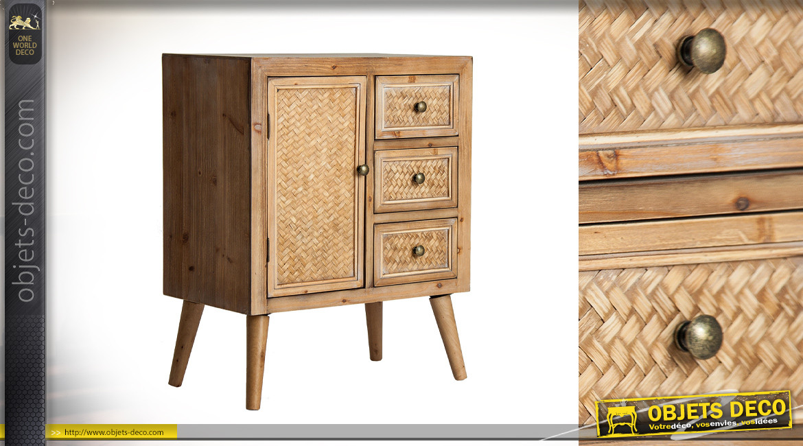Console d'appoint en bois de sapin finition rustique, 1 porte et 3 tiroirs, ambiance campagne, 76cm