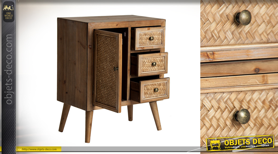 Console d'appoint en bois de sapin finition rustique, 1 porte et 3 tiroirs, ambiance campagne, 76cm
