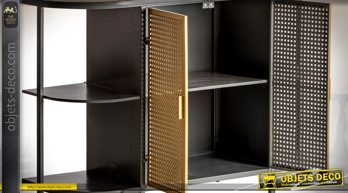 Console en métal et bambou style indus moderne, finition anthracite et portes dorées, 120cm